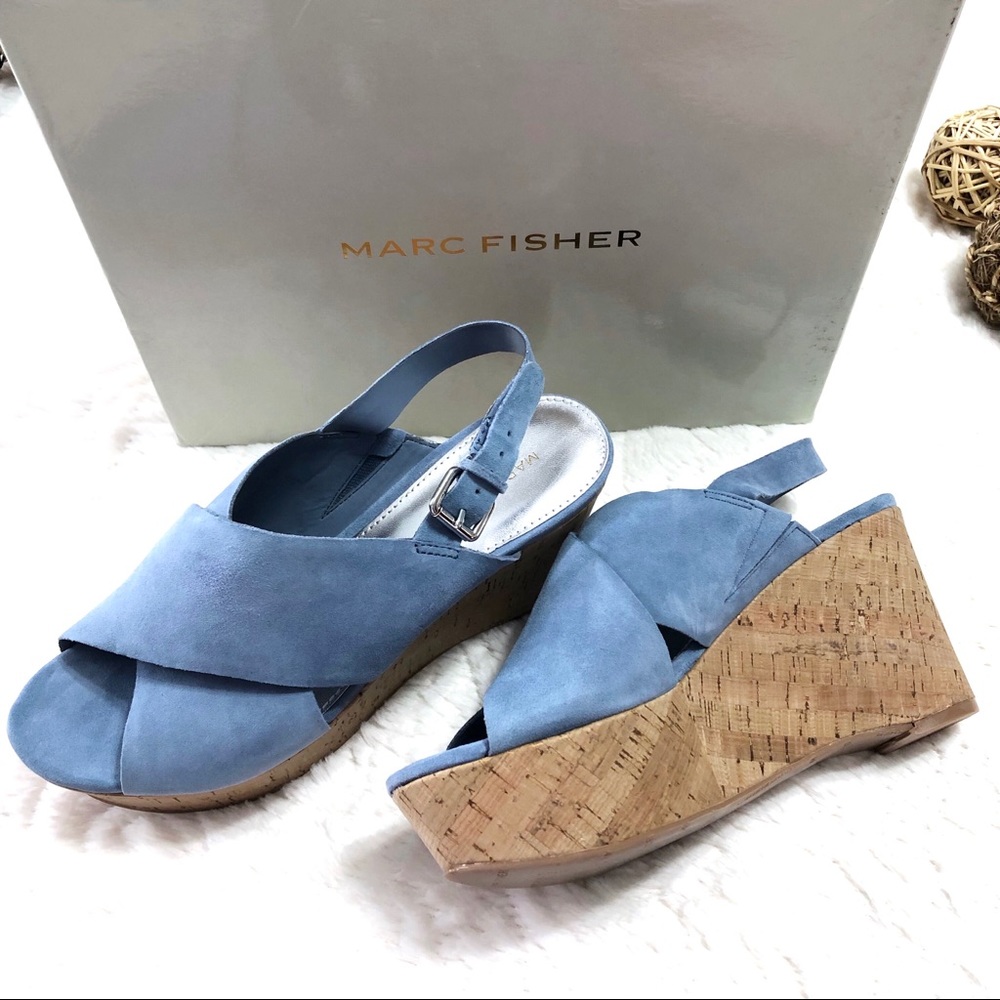 Marc Fisher Suede Slingback Wedge Sandals Size 7.5 Cross Band Open Toe Blue BNIB